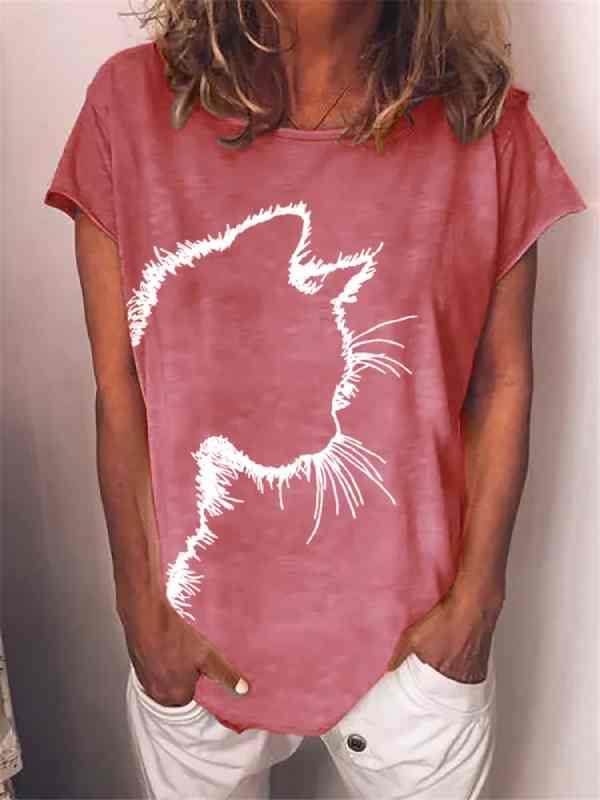 Cat Printed Crew Neck Casual Short Sleeve T-Shirt - CHALIER