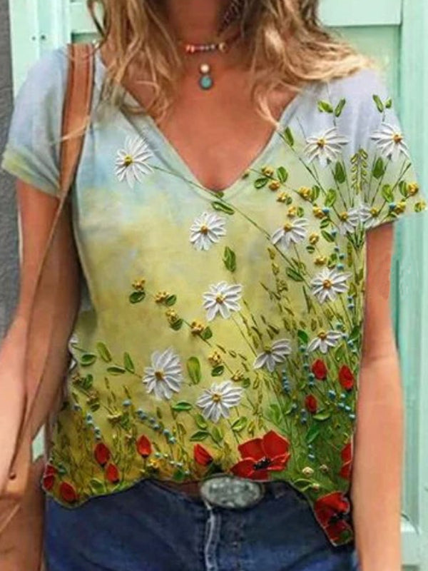 Women Floral Printed V Neck Short Sleeve T-Shirt