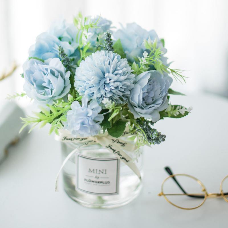 Artificial Fake Flower Set  Roses Peony For Home Decor Includes Glass Vase - CHALIER