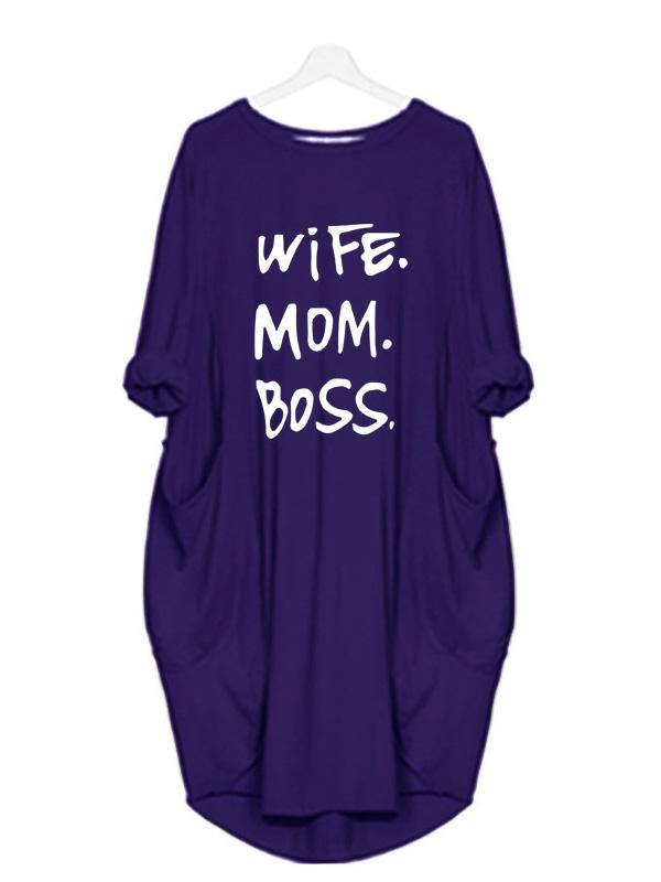 Women's Casual Cotton Letter Prints Loose Tee Dress Pocket Midi Dress Plus Size - CHALIER