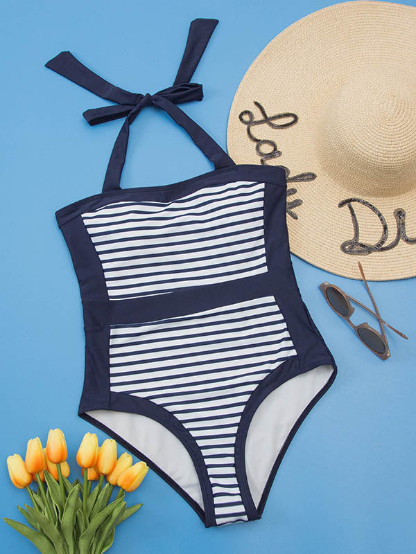 Women's Halter Color Block One Piece Swimsuit Lace Up