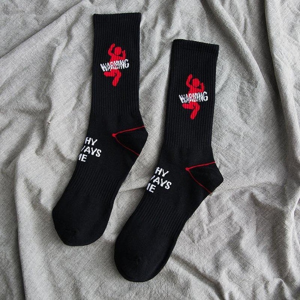 Chalier Men Athletic Socks Hip Hop Style Black Warning - CHALIER