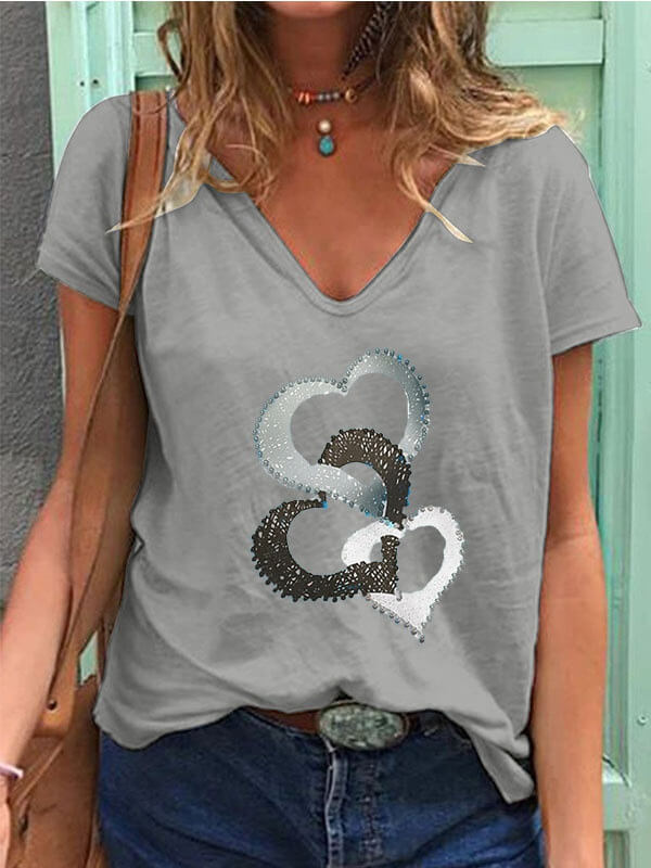 Women Heart Printed Short Sleeve T-Shirt