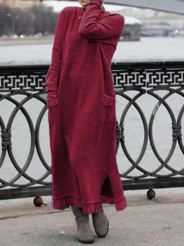 Women's Casual Loose Long Sleeve Plain Maxi Dress Plus Size - CHALIER