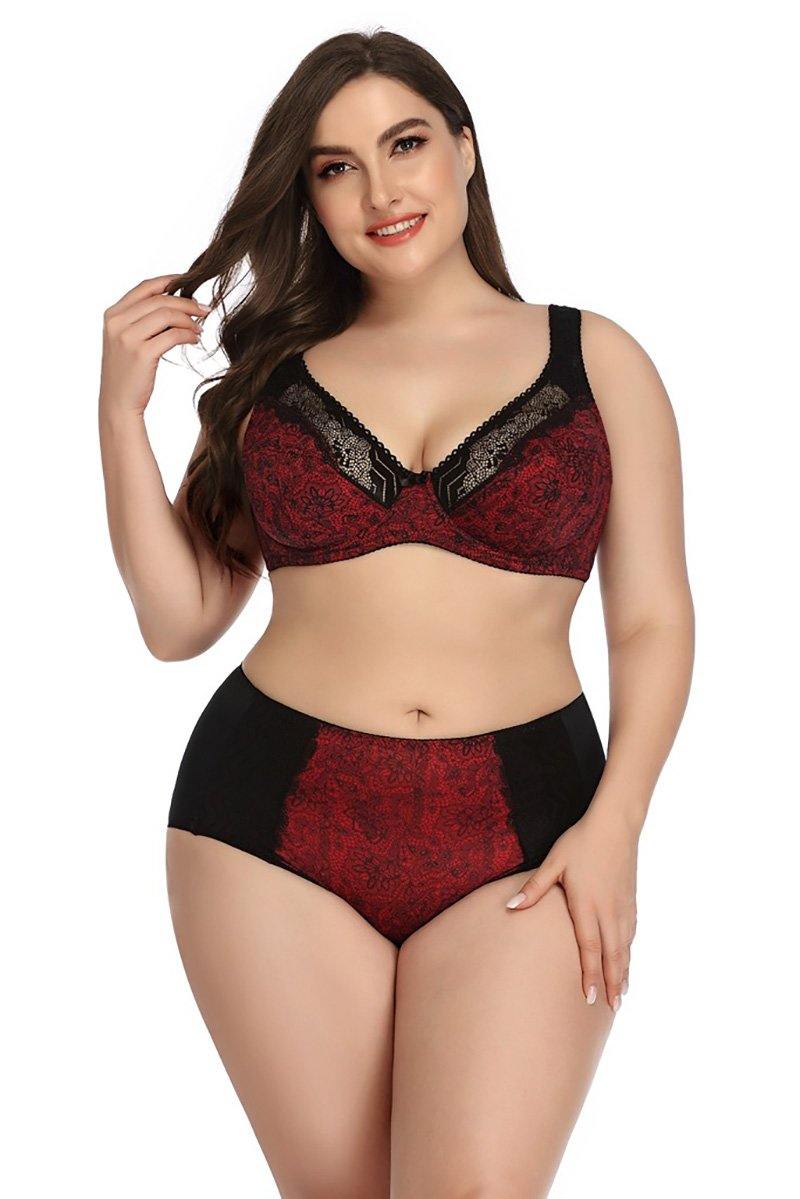 Chalier Plus Size Women's Bra Floral Printed Lace Lingerie Sets D Cup - CHALIER