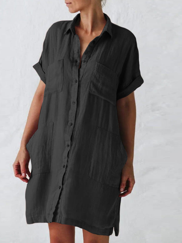 Women's Cotton Linen Asymmetrical Mini Dress Plus Size Casual Shirt Dress Half Sleeve