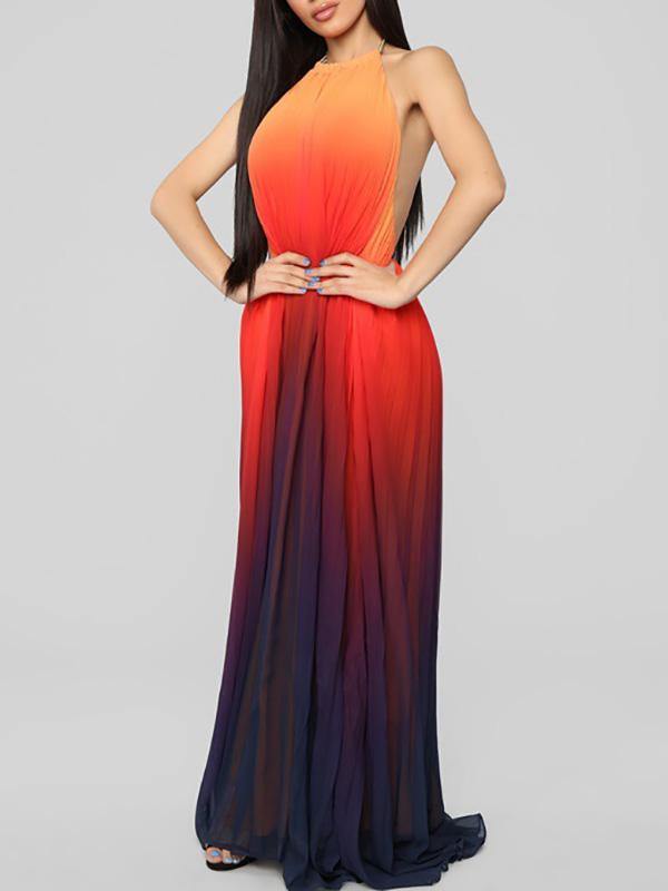 Women's Gradient Chiffon Maxi Red Pleated Halter Dress Beach Holiday - CHALIER