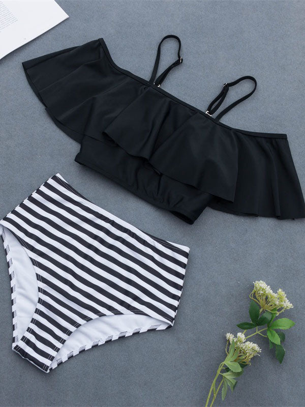 Women's Off Shoulder Swimsuits Tankini Stripe Floral Print Briefs Plus Size