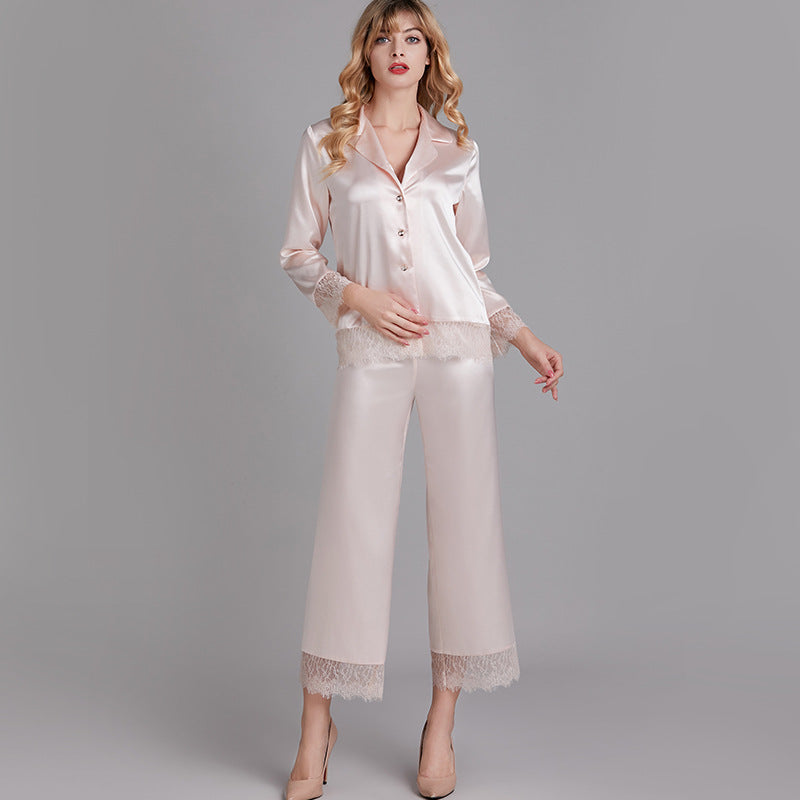 Satin Pajamas Set 2 Piece Women's V-Neck Sleepwear Set with Lace Trim Pj Set Loungewear