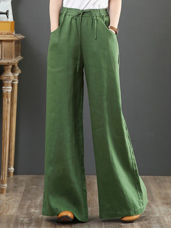 Women's Cotton Linen Wide Leg Pants Casual Plus Size High Waist Straight Trousers