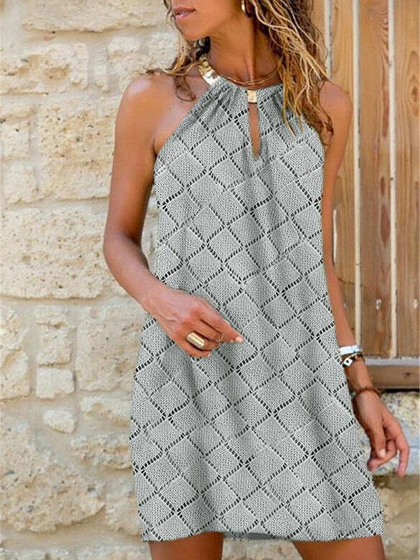 Floral Printed Sleeveless Halter Mini Dress Holiday with Metal Necklace - CHALIER