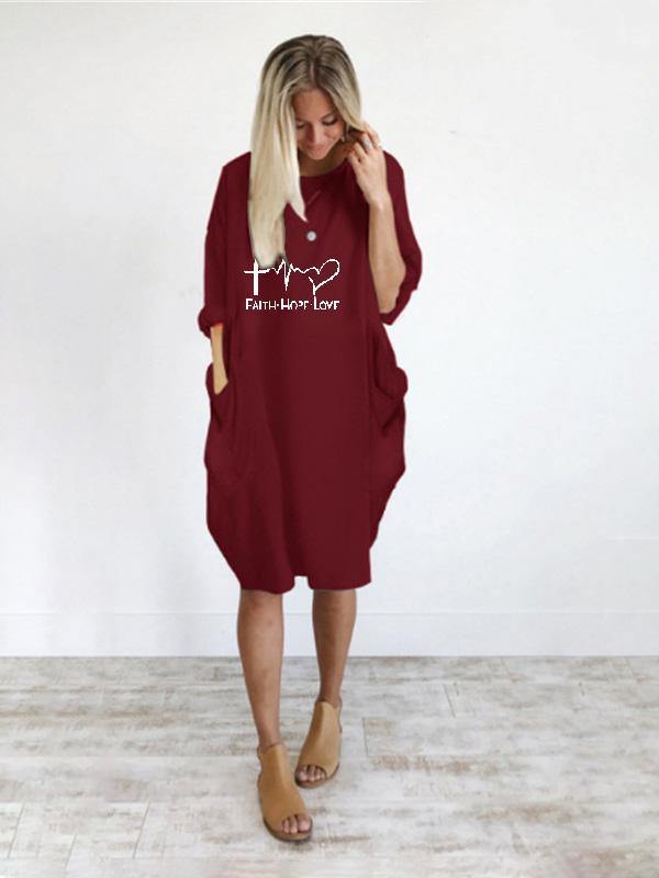 Women's Casual Cotton Letter Prints Tee "FAITH HOPE LOVE" Dress Loose Midi Dress Plus Size - CHALIER