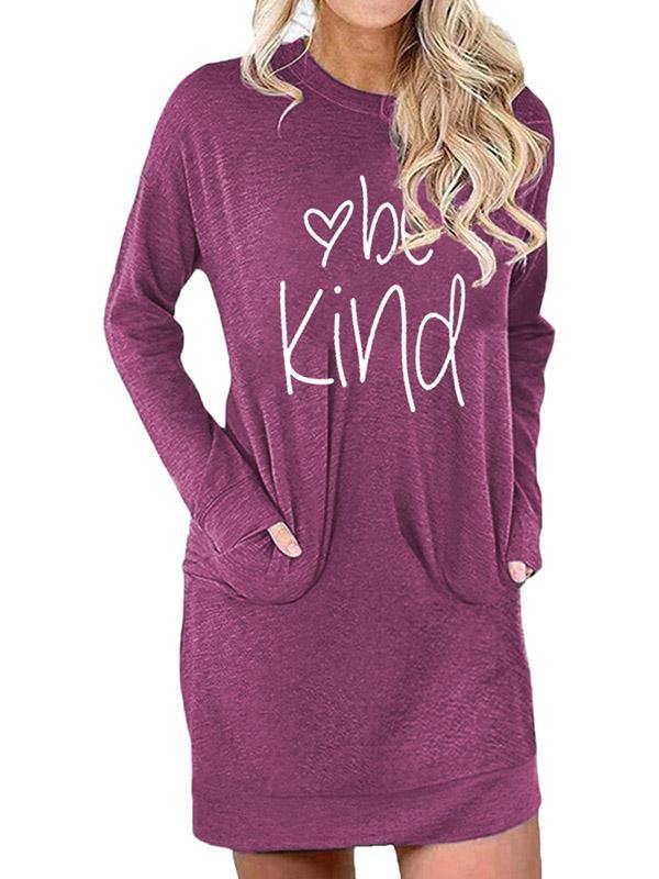 Women's Casual Cotton Letter Print "BE KIND" Tee Dress Pocket Mini Dress Long Sleeve - CHALIER