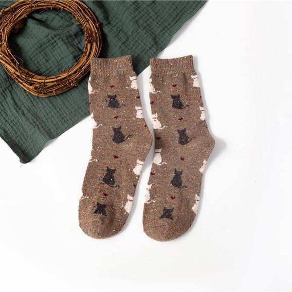 Womens Winter Wool Warm Socks Cartoon Cat Pattern Fashion Socks Khaki - CHALIER