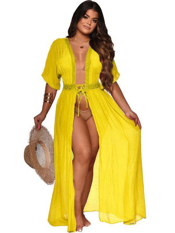 Women's Sexy Holiday Maxi Dress Beach Tthin Cotton and Linen Cardigan Slit Dress Plus Size - CHALIER