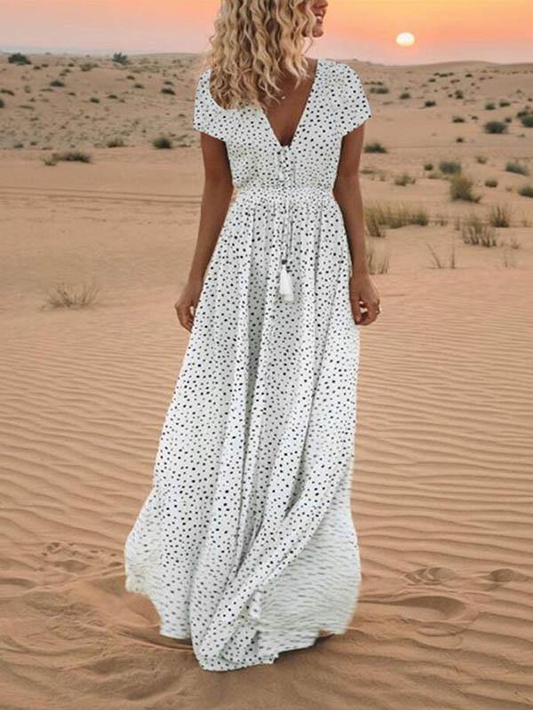 Polka Dots Short Sleeve V-Neck Boho Maxi Dress Holiday - CHALIER