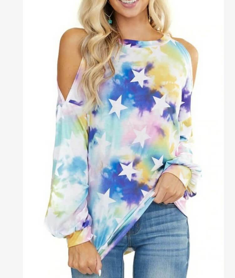 Women's Cold Shouler Tie Dye Star Print Long-Sleeve T-shirt - CHALIER