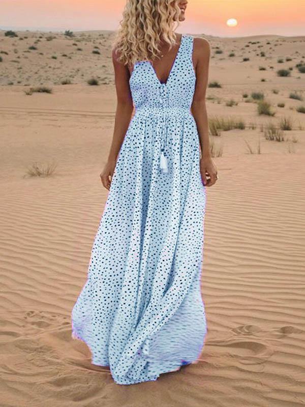 Polka Dots Sleeveless V-Neck Boho Maxi Dress Holiday - CHALIER