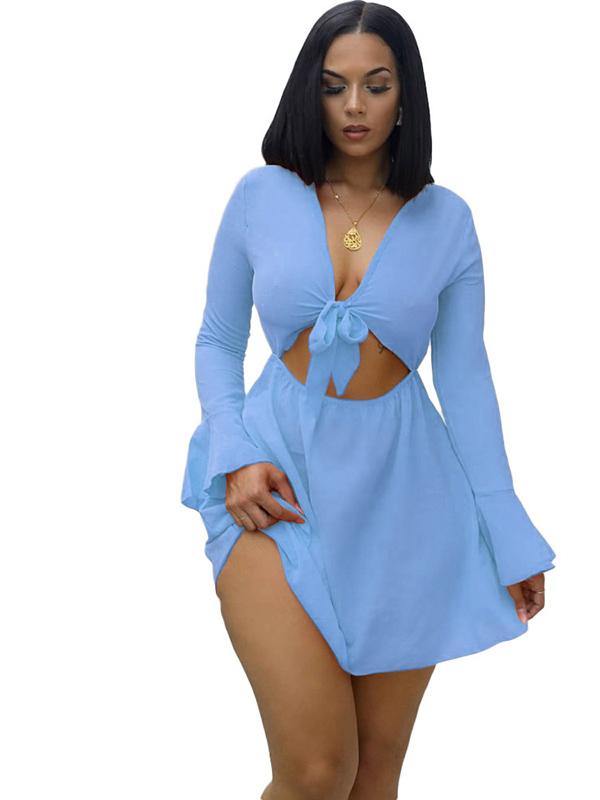 Women's Sexy Ultra-thin Beach Mini Dress Long Sleeve V-Neck Bowknot - CHALIER