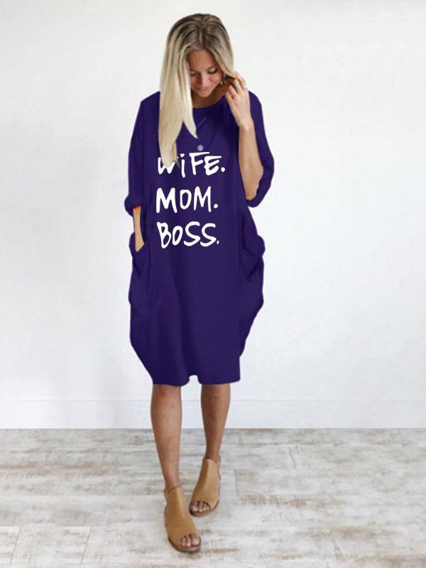 Women's Casual Cotton Letter Prints Loose Tee Dress Pocket Midi Dress Plus Size - CHALIER