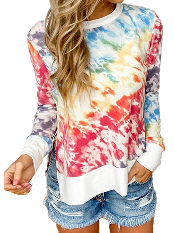Women's Tie-Dye Floral Prints Long Sleeve T-Shirt Round-Neck