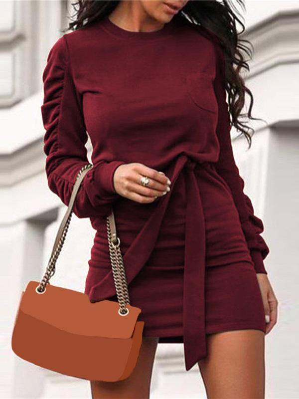 Women's Casual Sweater Dress Lace Up A-line Solid Color Long Sleeve Mini Dress - CHALIER