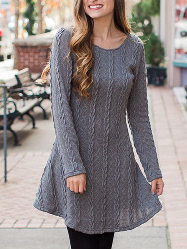 Women's Knitted Mini Dress Long-sleeve A-line Loose Casual Sweater Dress Plus Size - CHALIER
