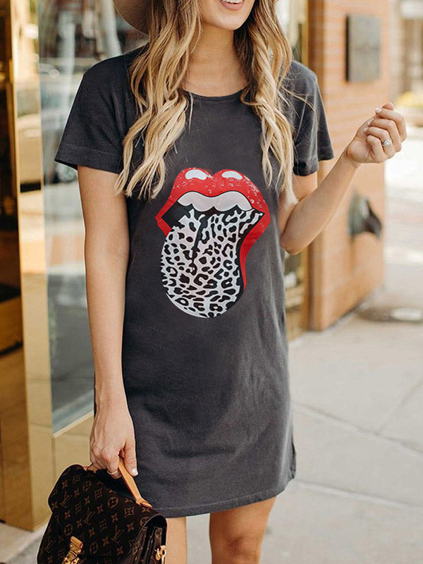 Women's Casual T-Shirt Mini Dress Crew Neck Lips Prints Short Sleeve