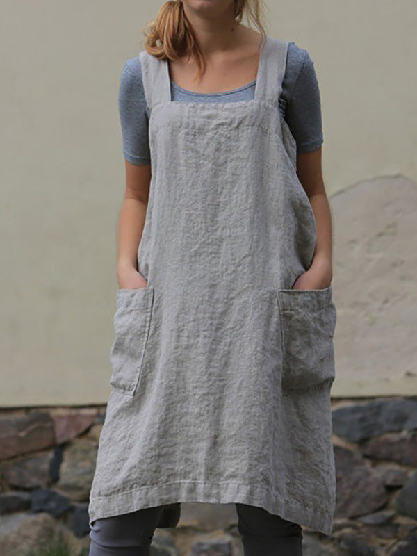 Womens Cotton Linen Loose Apron Pinafore Dress Square Neck Plus Size