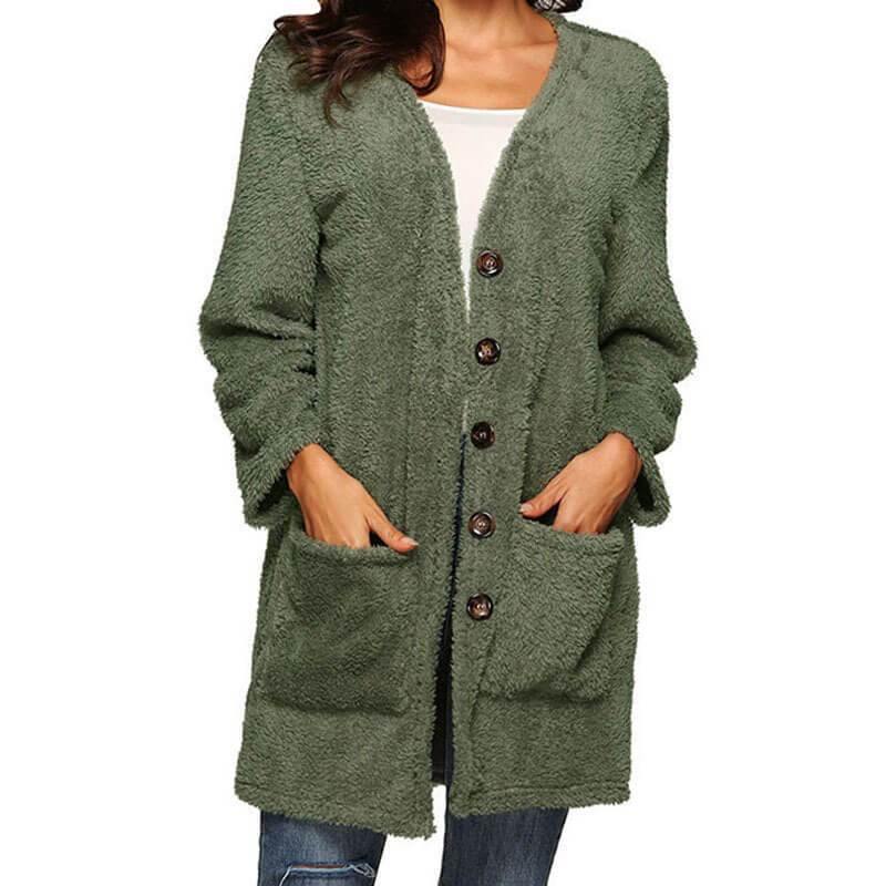 Fuzzy Plain Pockets Solid Women's Warmest Cardigan - CHALIER