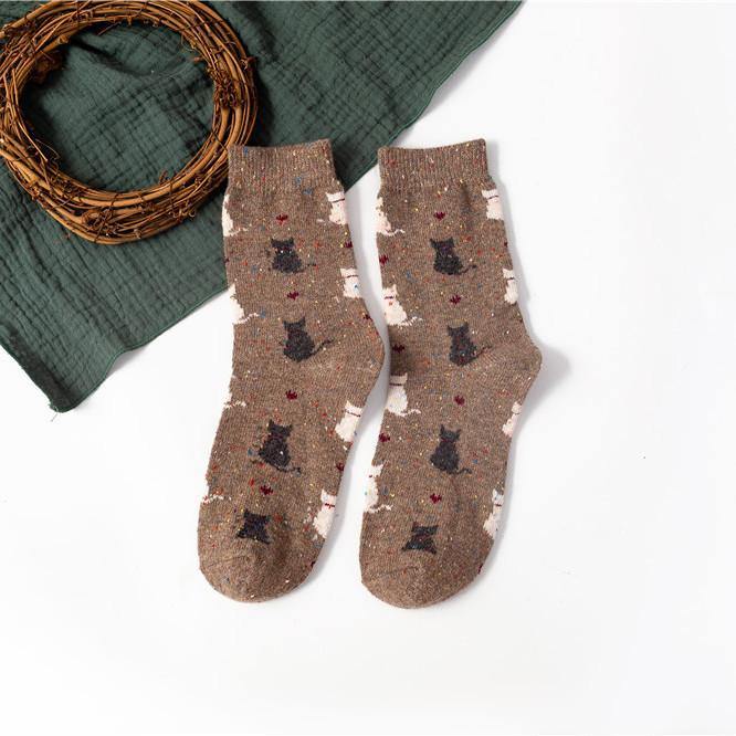 Womens Winter Wool Warm Socks Cartoon Cat pattern Fashion Socks 5 Pairs Set - CHALIER