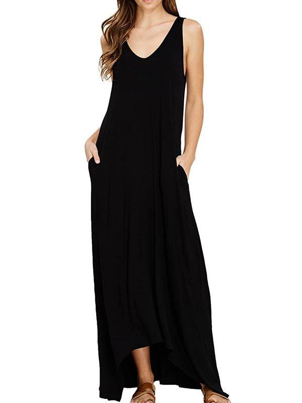 Women's Sleeveless Maxi Dress Casual Pockets Soft Jumper Skirt Solid Beach Dress - CHALIER