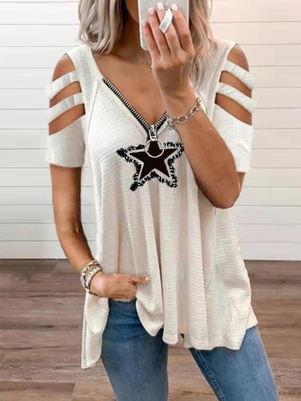 Women's Sexy V-Neck Zippered T-Shirt Star Prints Off-Shoulder Tops Plus Size