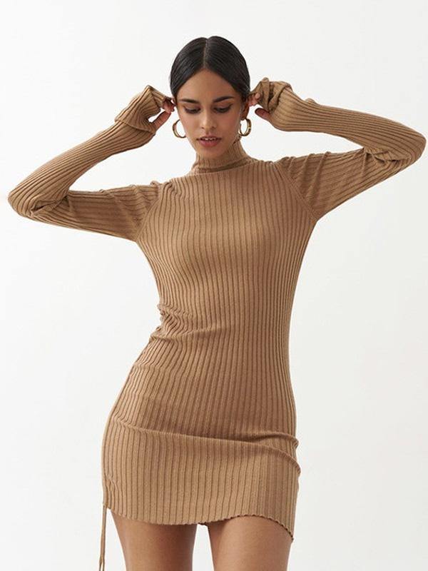 Women's Knitted Tight Turtleneck Sheath Dress Mini Dress - CHALIER