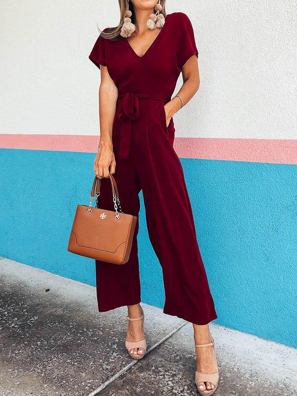 Women's Elegant  High Waist V-Neck Short Sleeve Jumpsuit Solid Color - CHALIER