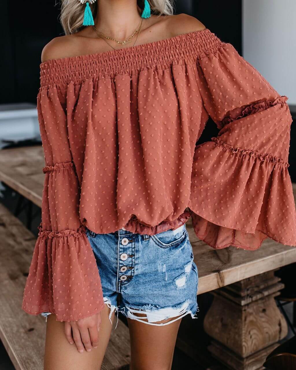 Off-The-Shoulder Flared Sleeve T-Shirt - CHALIER