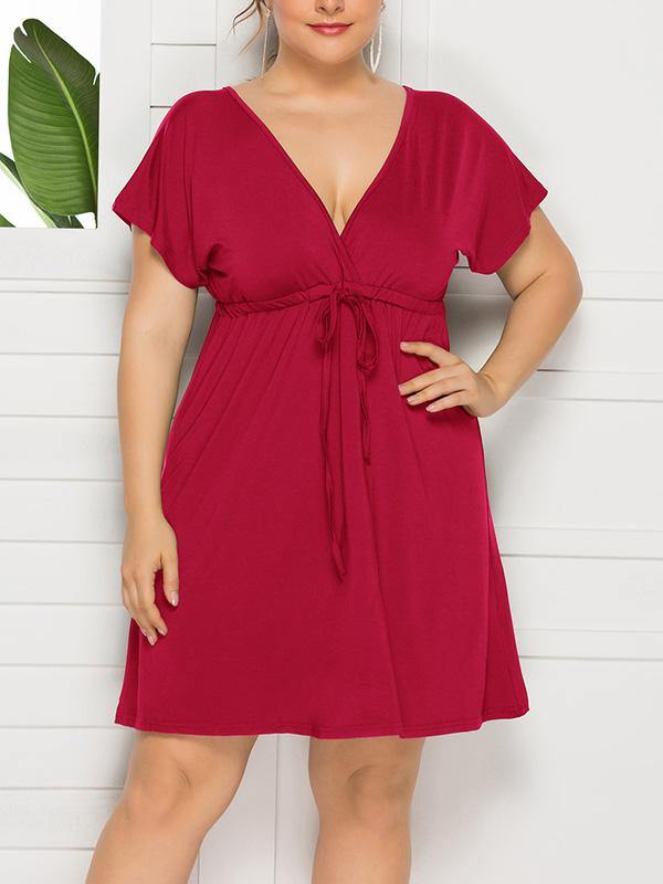 Women's Plus Size Elegant Solid Color V-Neck Short-sleeve Classic Dress Summer - CHALIER