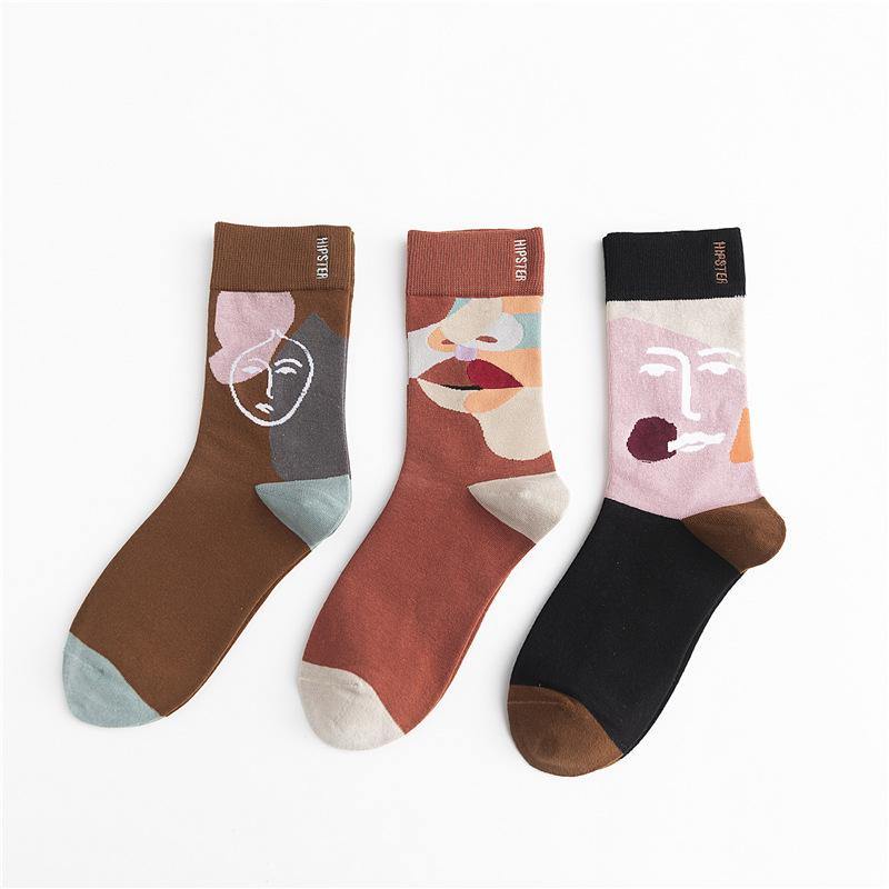 Unisex Painting Style Men Socks Cotton Harajuku Colorful Full Socks Couple Funny Casual Cotton Socks 3 Pairs - CHALIER