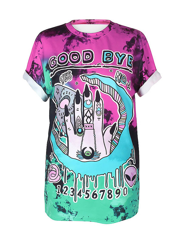 Women's Funny Cartoon Alien Prints Plus Size Tie-dye T-Shirt