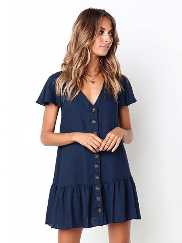 Women's Cotton and Linen Solid V-neck Loose Breathable Short Dress with Buttons - CHALIER