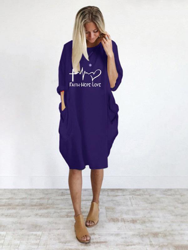 Women's Casual Cotton Letter Prints Tee "FAITH HOPE LOVE" Dress Loose Midi Dress Plus Size - CHALIER
