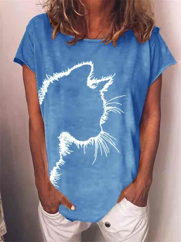 Cat Printed Crew Neck Casual Short Sleeve T-Shirt - CHALIER