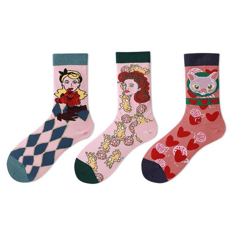 Womens Happy Crazy Socks Set Cotton Art Illustration Crew Lolita Girl Socks - CHALIER