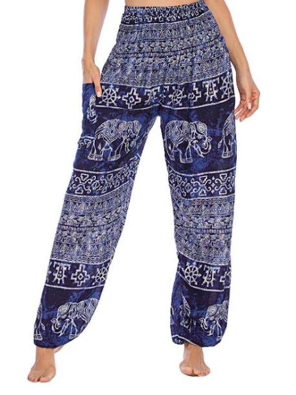 Women's Casual Printed Long Soft Bloomer Pants High Waist Yoga - CHALIER
