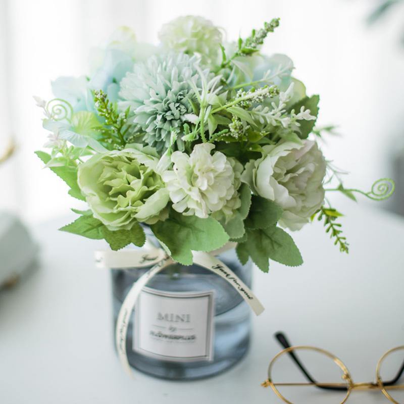 Artificial Fake Flower Set  Roses Peony For Home Decor Includes Glass Vase - CHALIER