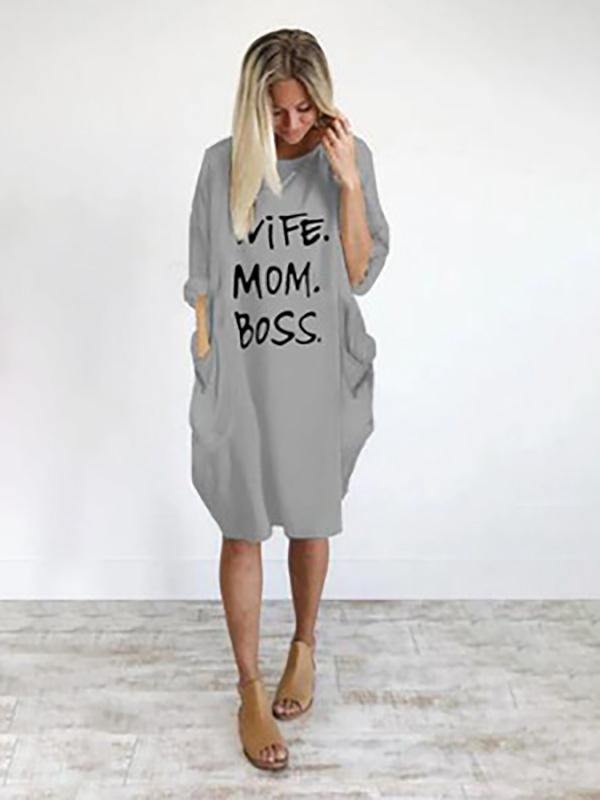 Women's Casual Cotton Letter Prints Loose Tee Dress Pocket Midi Dress Plus Size - CHALIER
