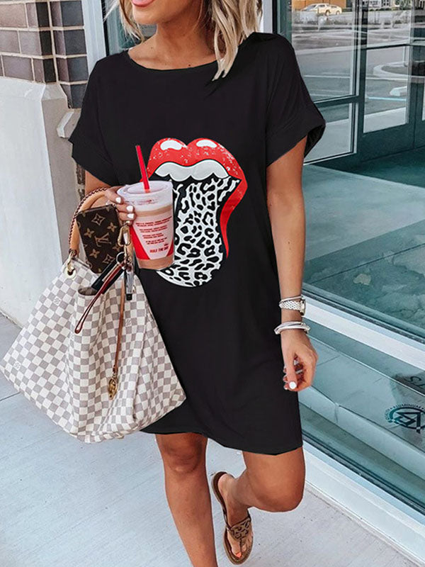 Women's Casual T-Shirt Mini Dress Crew Neck Lips Prints Short Sleeve
