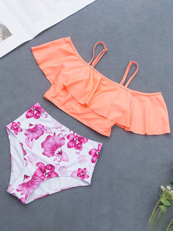 Women's Off Shoulder Swimsuits Tankini Stripe Floral Print Briefs Plus Size