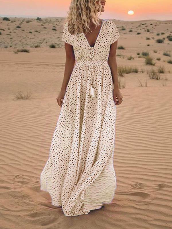 Polka Dots Short Sleeve V-Neck Boho Maxi Dress Holiday - CHALIER