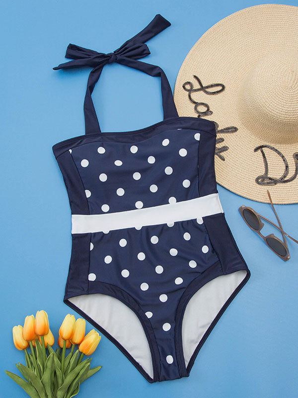 Women's Halter Color Block One Piece Swimsuit Lace Up